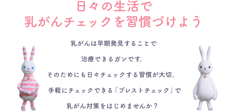 日々の生活で乳がんチェックを習慣づけよう。 乳がんは早期発見することで治療できるガンです。そのためにも日々チェックする習慣が大切。手軽にチェックできる「ブレストチェック」で乳がん対策をはじめませんか？