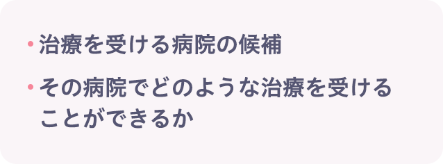 ・治療を受ける病院の候補 ・その病院でどのような治療を受けることができるか