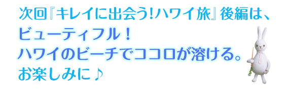 次回『キレイに出会う!ハワイ旅』後編は、ビューティフル!ハワイのビーチでココロが溶ける。お楽しみに♪