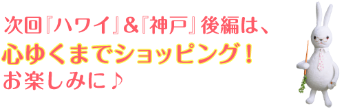 次回『ハワイ』&『神戸』後編は、心ゆくまでショッピング!お楽しみに♪