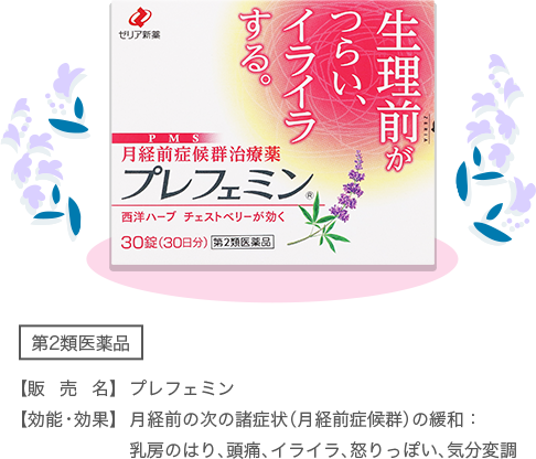 第2類医薬品 【販売名】プレフェミン【効能・効果】月経前の次の諸症状（月経前症候群）の緩和：乳房のはり、頭痛、イライラ、怒りっぽい、気分変調